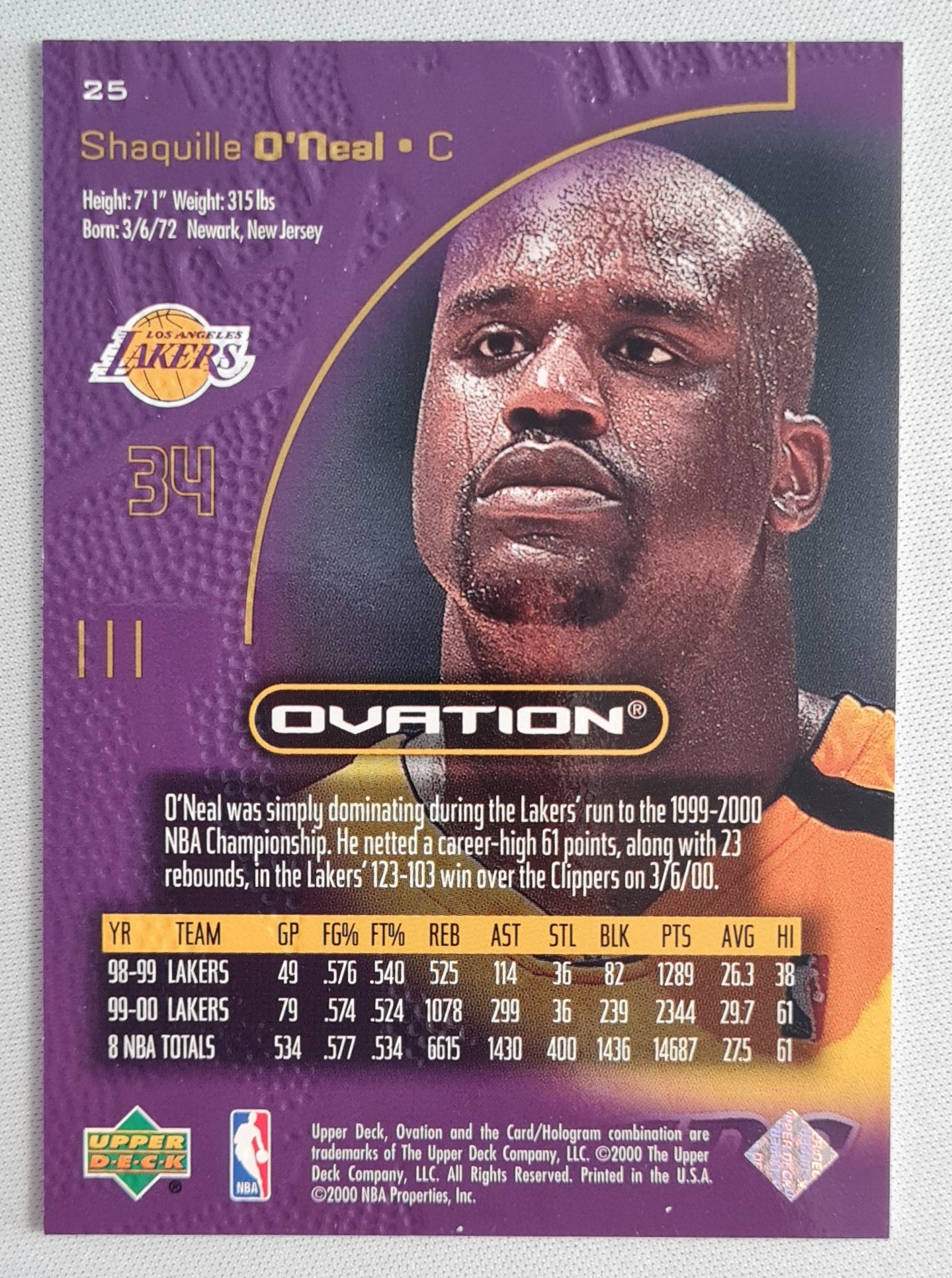 Shaquille O'Neal - 2000 Upper Deck Ovation - NBA L.A. Lakers Super Star #25