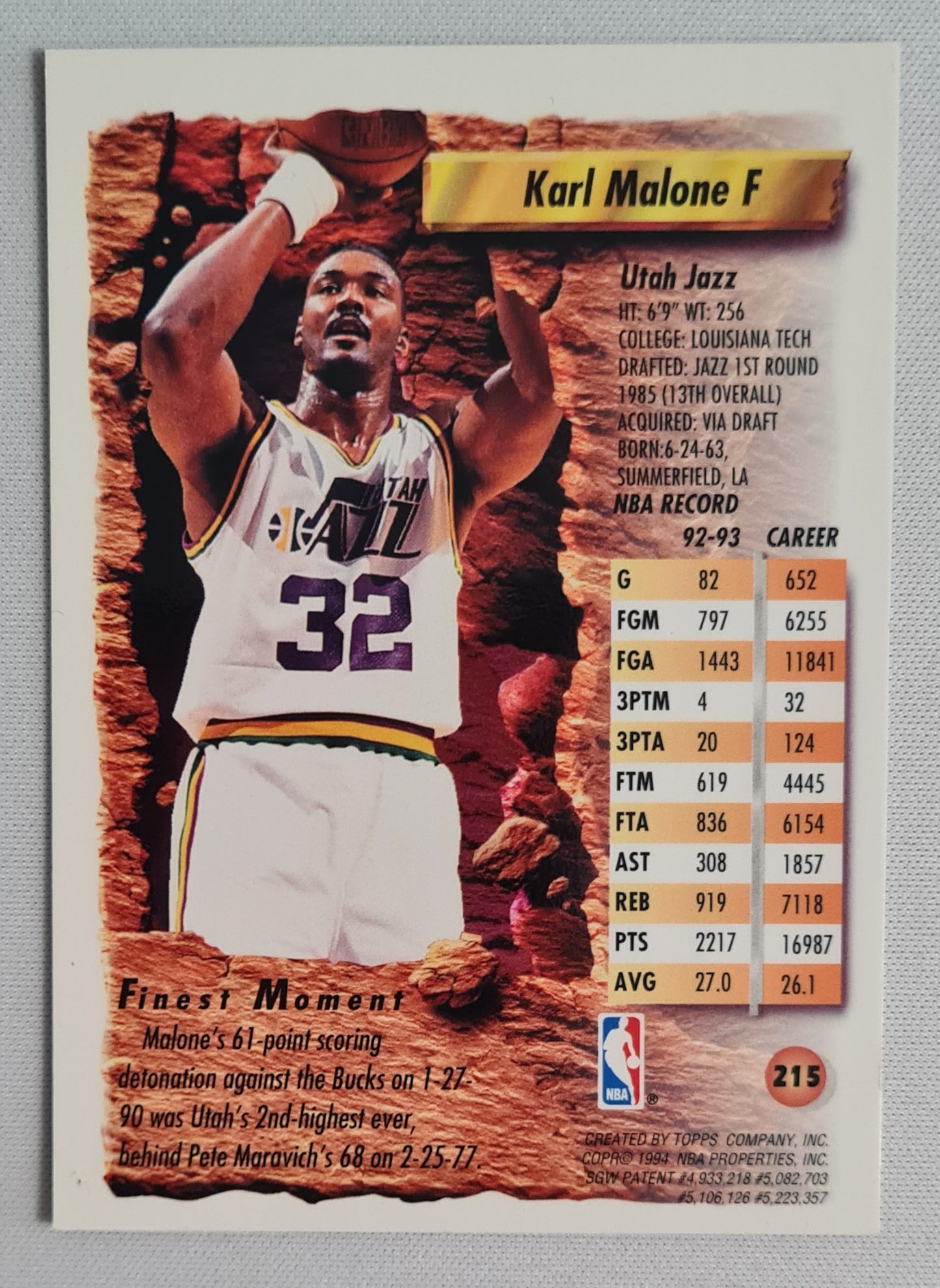 Karl Malone - 1994 Topps Finest #215 Finest Moment NBA Basketball Utah Jazz