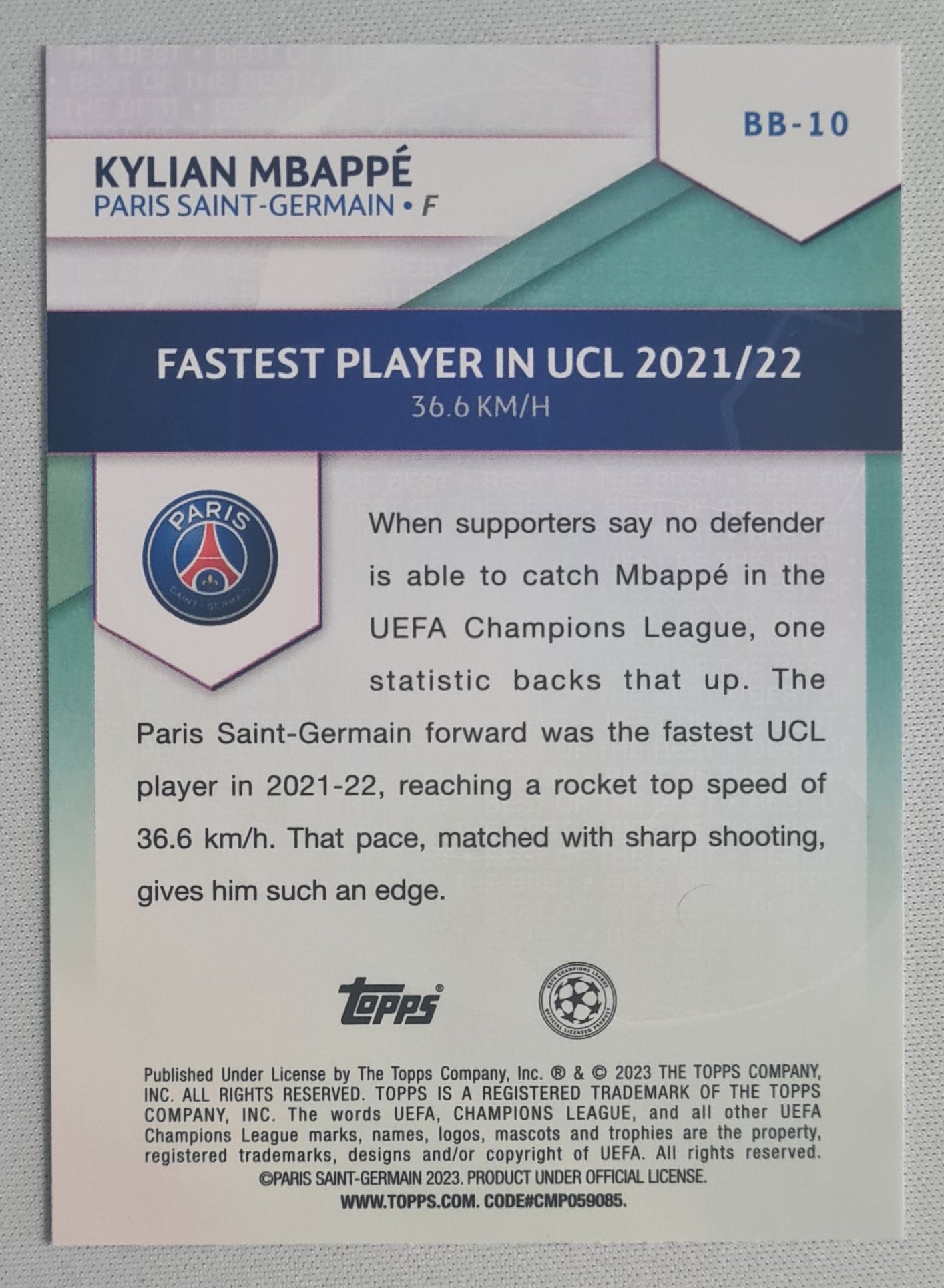 Kylian Mbappe - 2023 Topps "Best of the Best" Fastest player in UCL 2021/2022 #BB-10 PSG - Holo