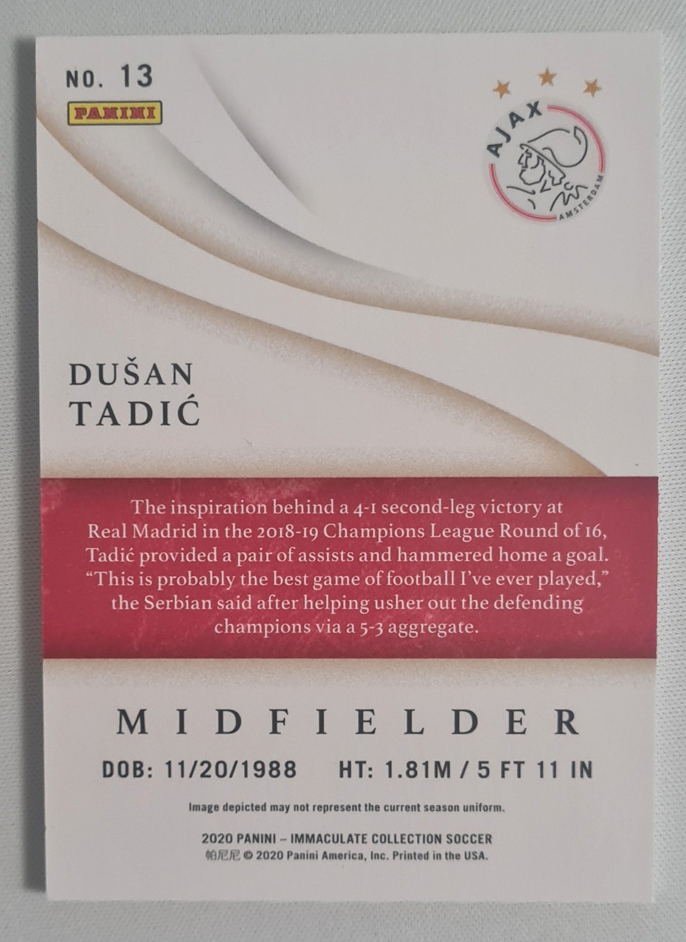 Dusan Tadic - 2020 Panini Immaculate Collection Soccer #13 AFC Ajax /25