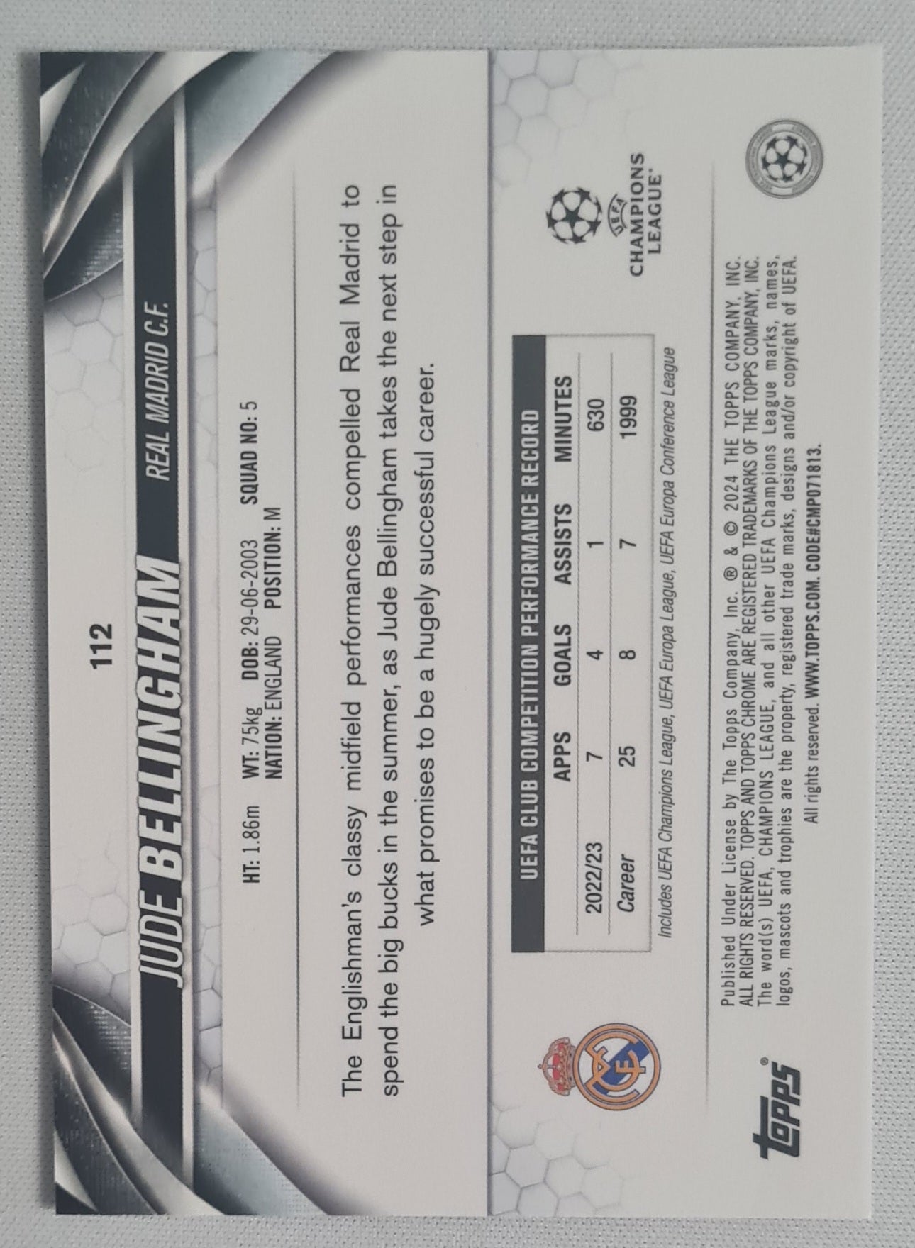 Jude Bellingham - 2024 Topps Chrome Real Madrid C.F. #112