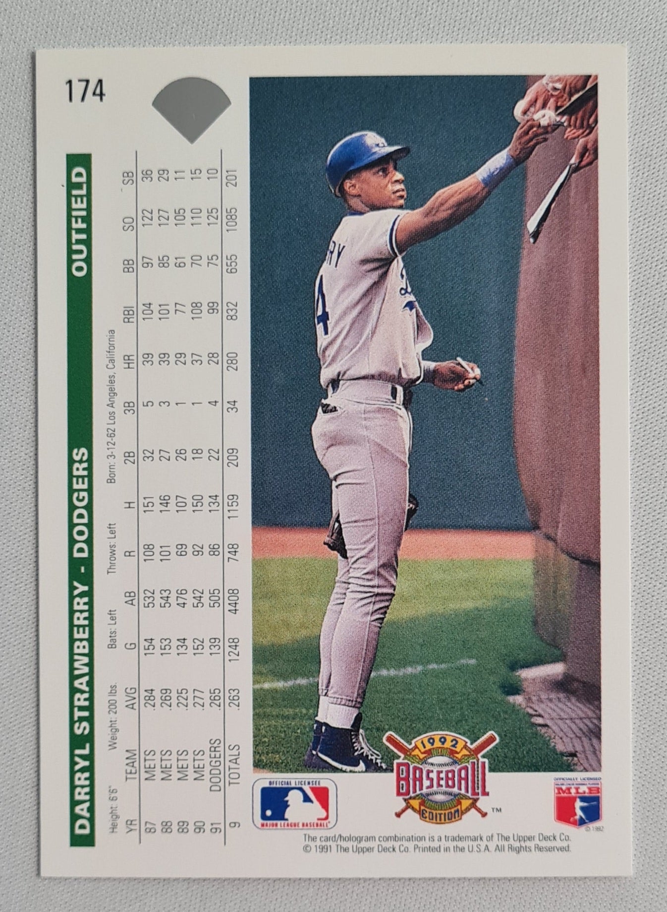 Darryl Strawberry - 1992 Upper Deck #174 Los Angeles Dodgers