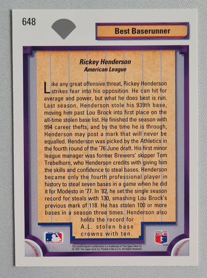 Rickey Henderson - 1992 Upper Deck “Best Baserunner” #648 Oakland A’s
