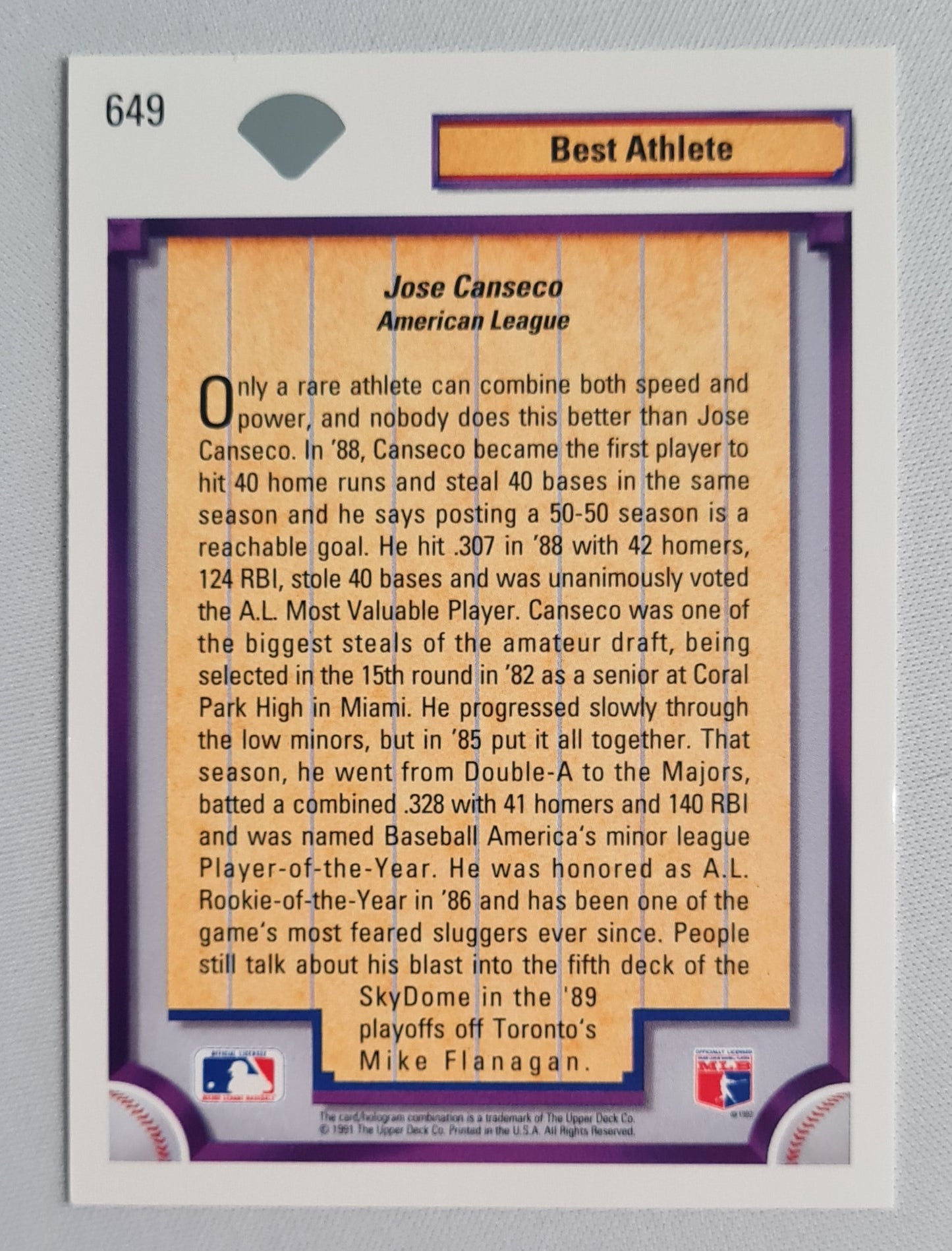 Jose Canseco - 1991 Upper Deck Diamond Skills ‘Best Athlete’ #649 Oakland A’s