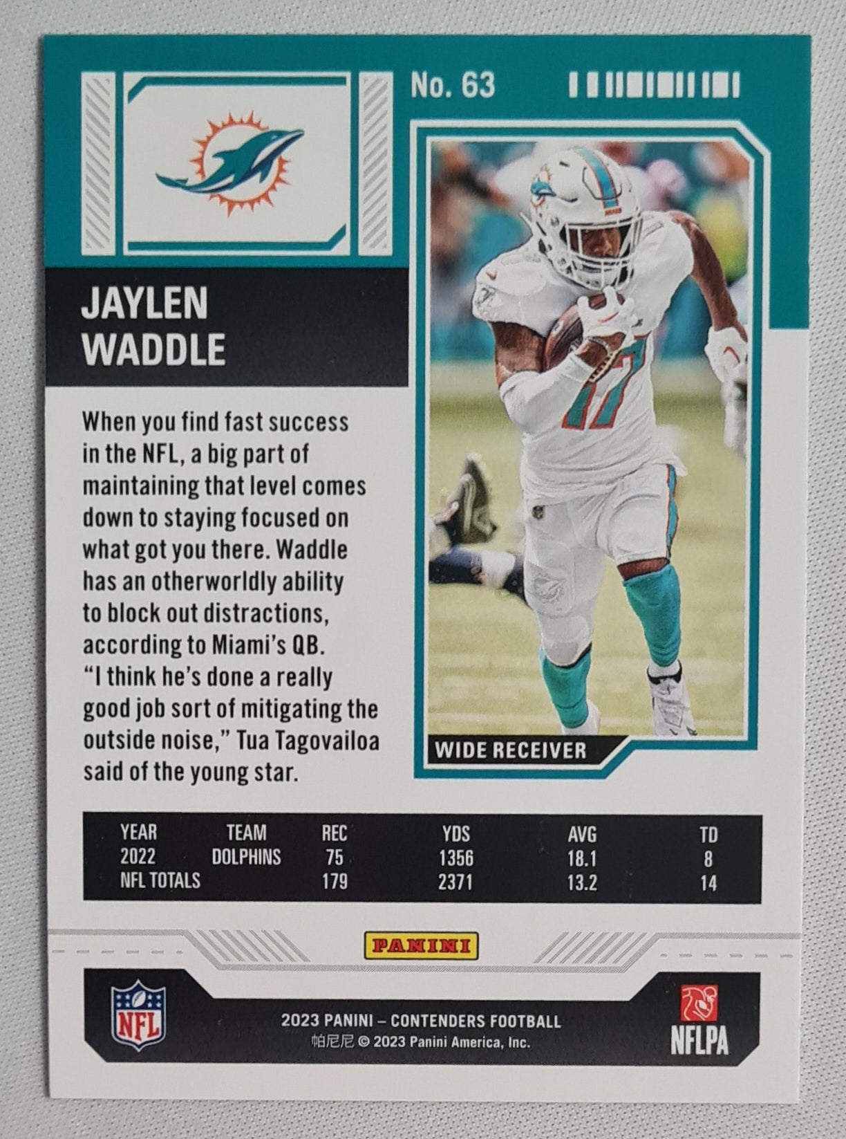 Jaylen Waddle - 2023 Panini Contenders Season Ticket #63 Miami Dolphins