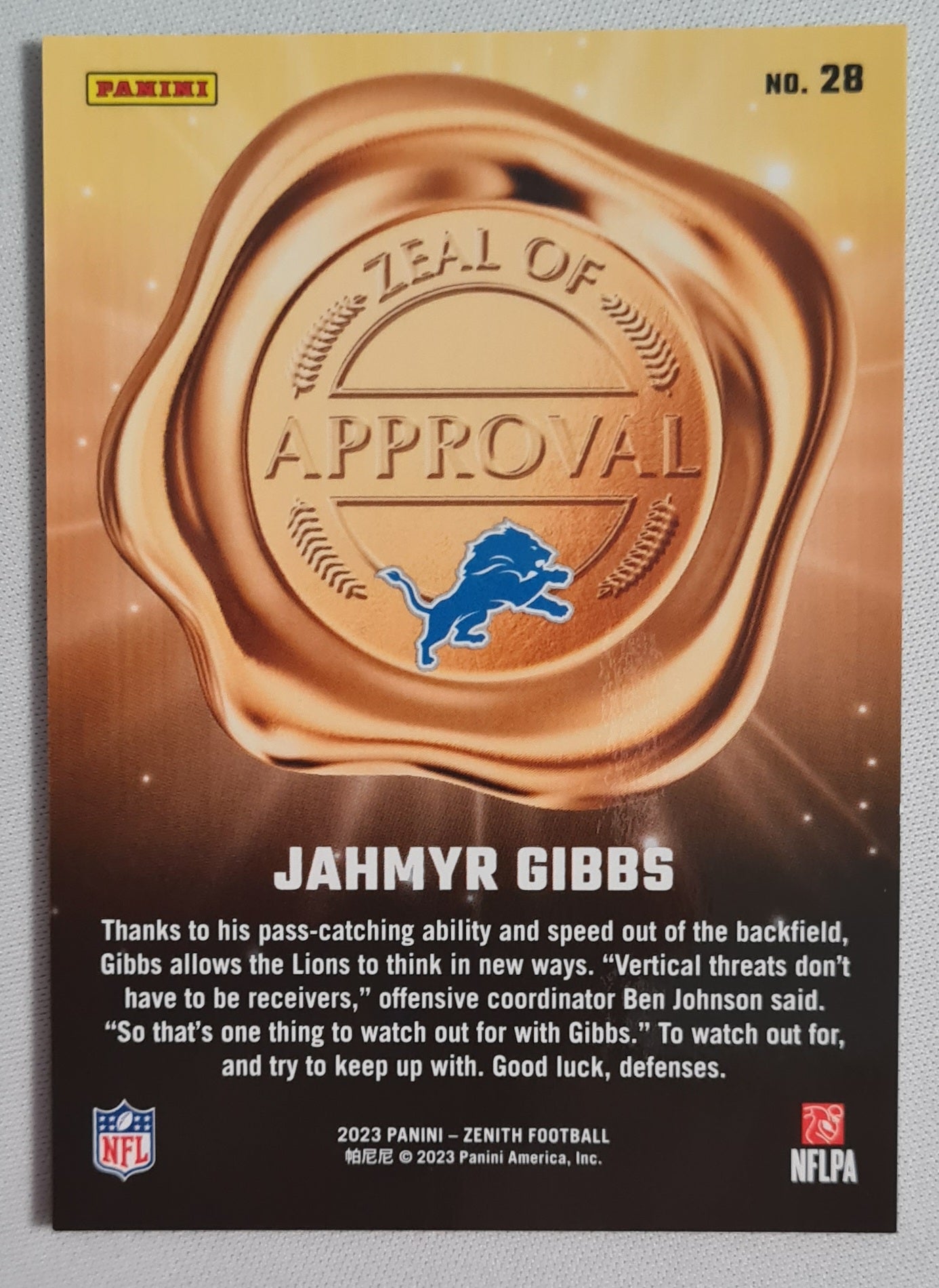 Jahmyr Gibbs - 2023 Panini Zenith Zeal Of Approval #28 Detroit Lions