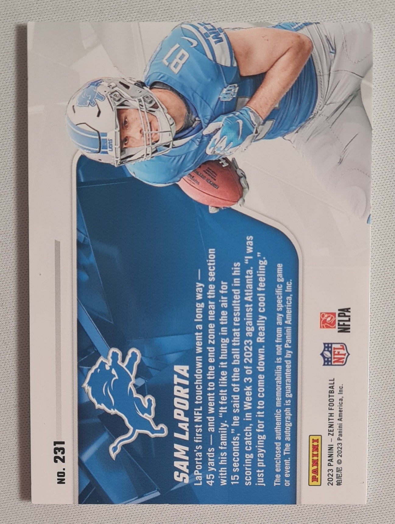 Sam LaPorta - 2023 Panini Zenith Football NFL Lions #231 (RC) Auto 3 Color Patch /299