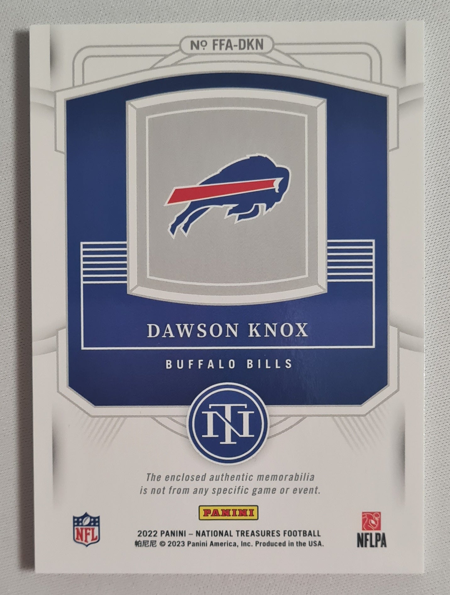 Dawson Knox - 2022 Panini National Treasures Football NFL Bills #FFA-DKN /2 Color Patch /25
