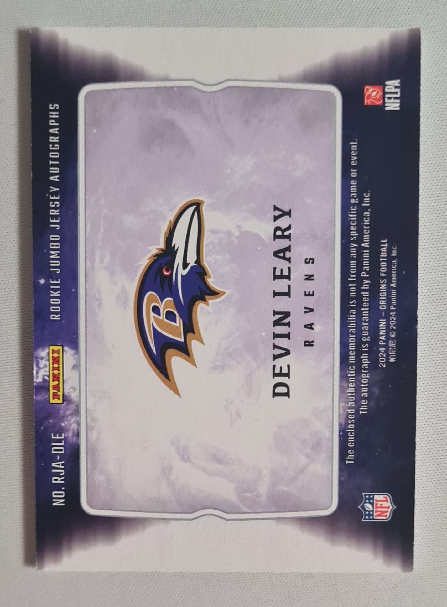 Devin Leary - 2024 Panini Origins Football NFL Ravens #RJA-DLE (RC) /Patch /Autograph HIT!