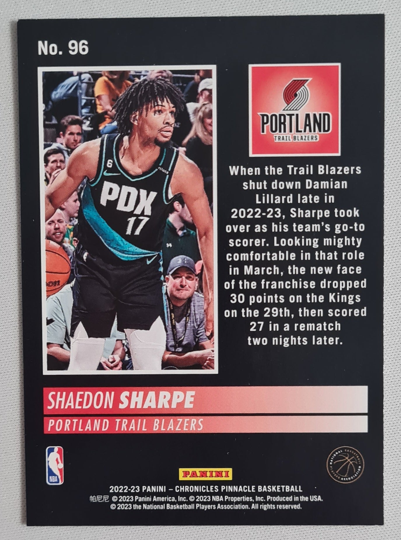 Shaedon Sharpe - 2022-23 Panini Chronicles Pinnacle Basketball NBA Trail Blazers #96