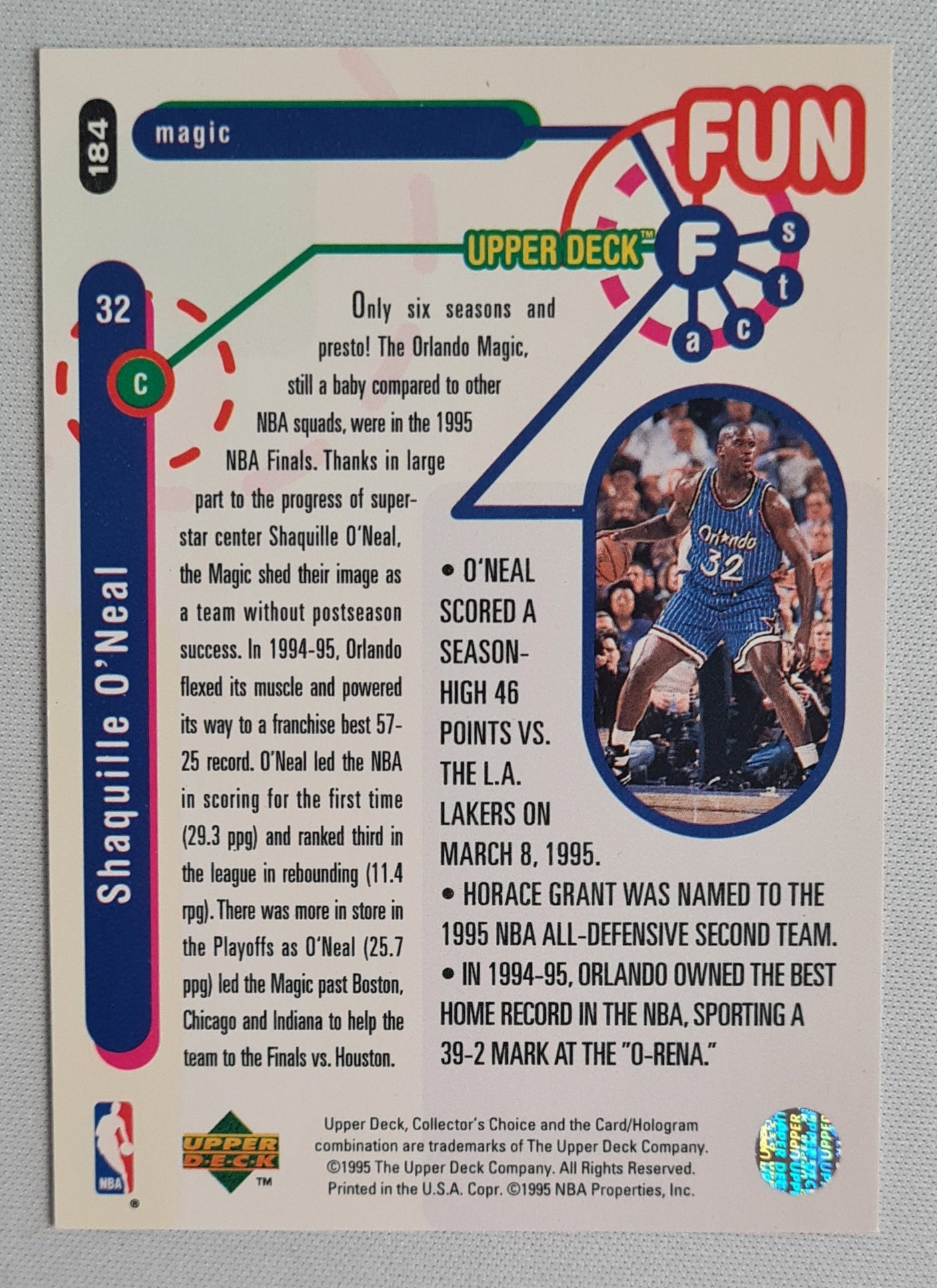 Shaquille O'Neal - 1995 Upper Deck Fun Facts NBA Magic #184