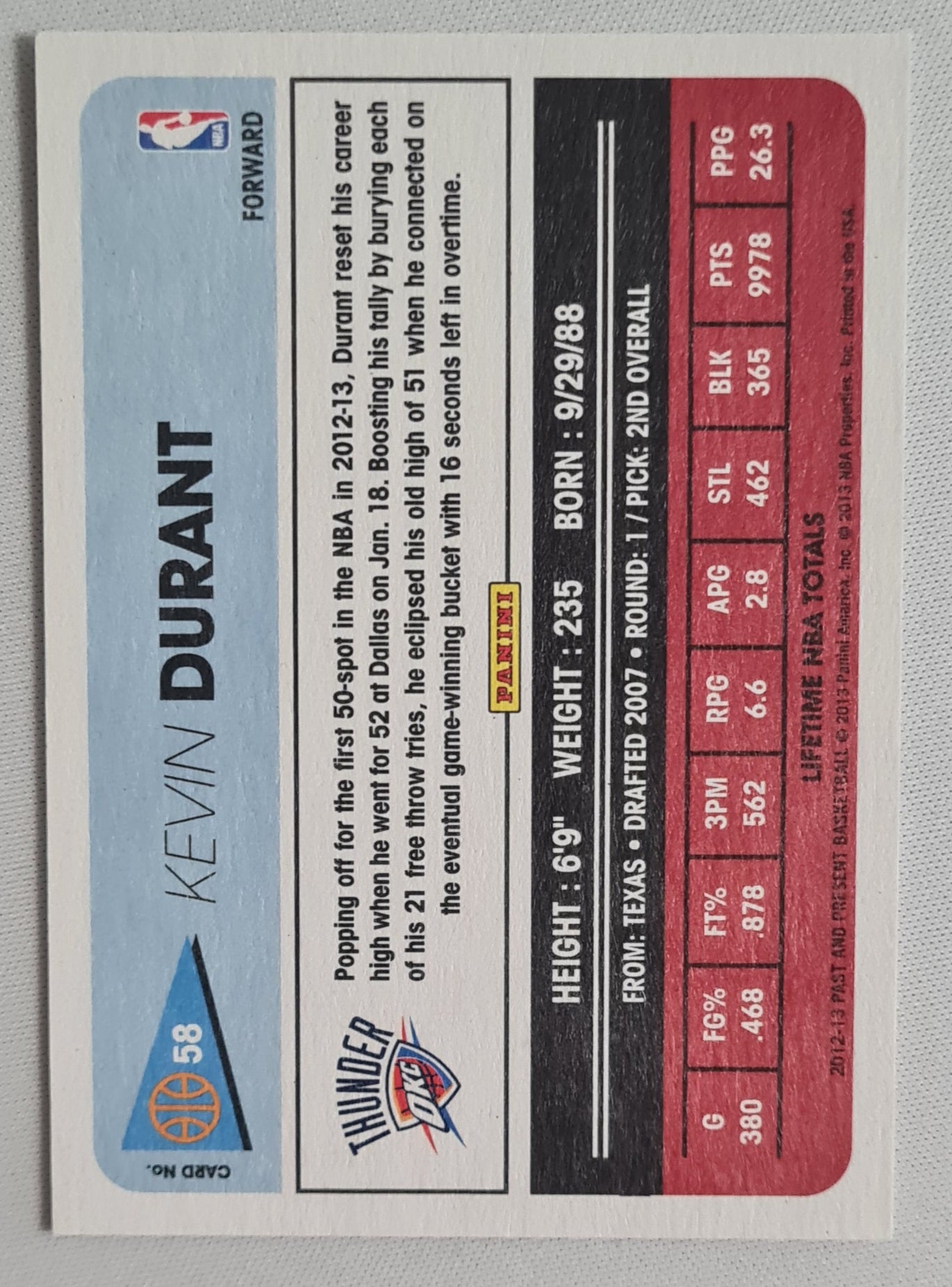 Kevin Durant - 2012/13 Past and Present Basketball NBA Thunder #58