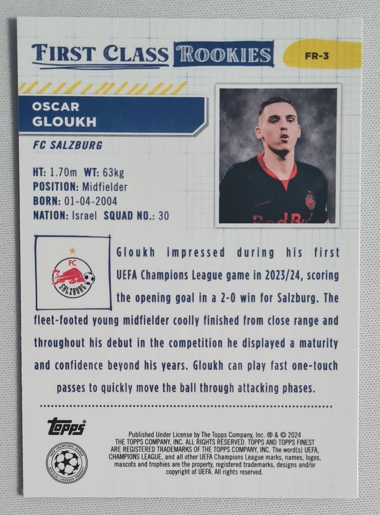 Oscar Gloukh - 2024 Topps Finest - First Class Rookies FC Salzburg (RC) #FR-3 Refractor