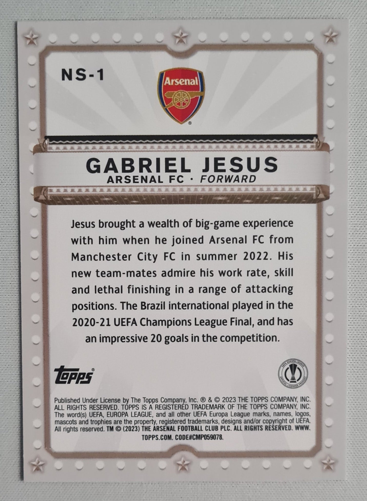 Gabriel Jesus - 2023 Topps NOW STARRING (EL) Arsenal FC #NS-1