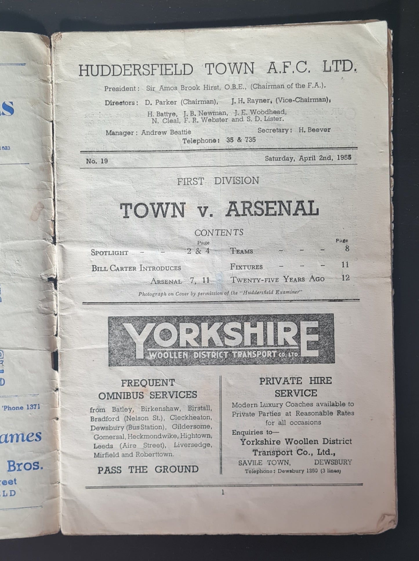 Soccer Huddersfield Town Official Programme - 1955 Huddersfield Town vs Arsenal