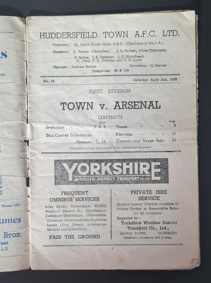 Soccer Huddersfield Town Official Programme - 1955 Huddersfield Town vs Arsenal