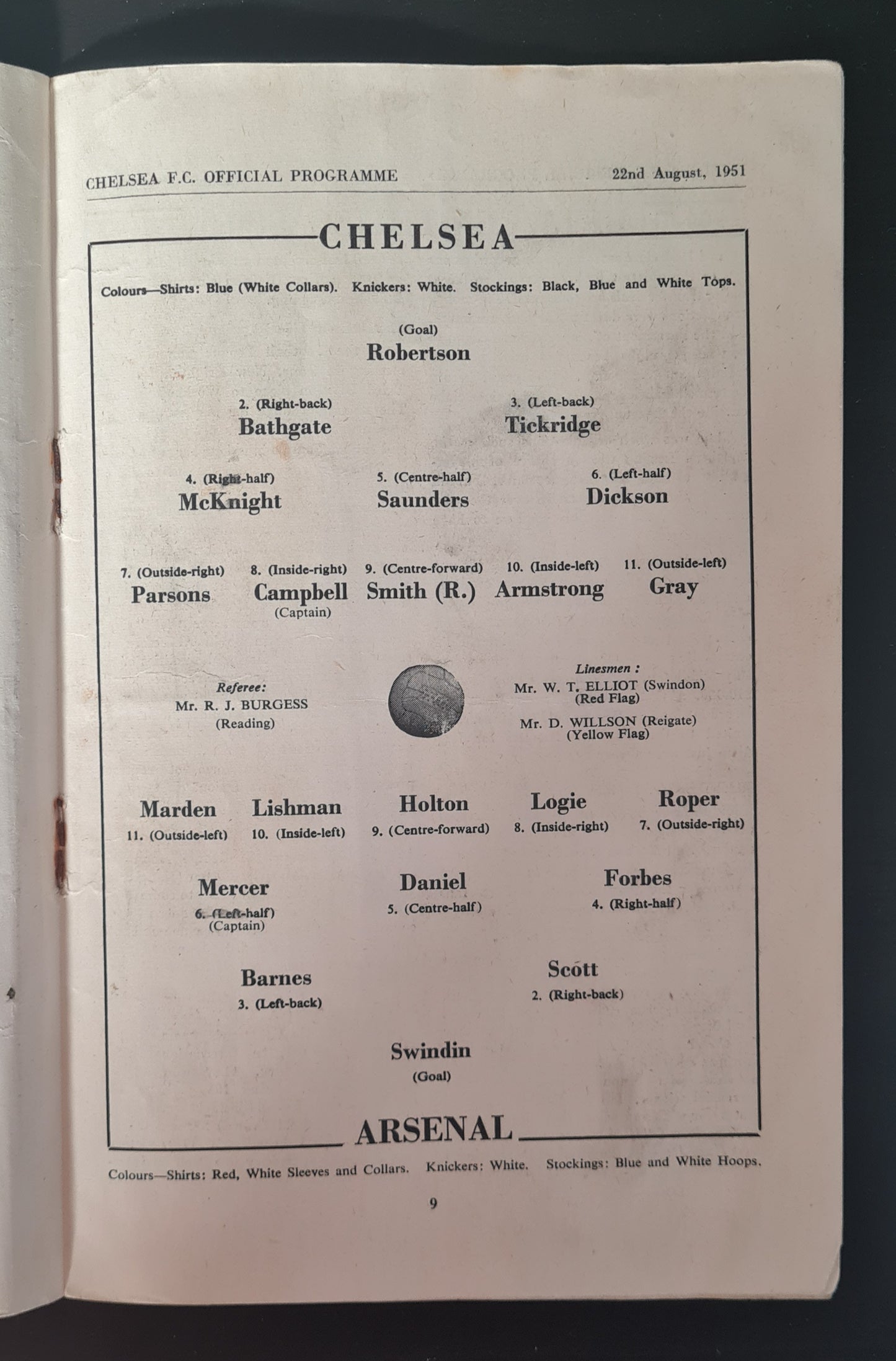 Chelsea Football Club Official Programme - 1951 Chelsea vs Arsenal 22 August - Football League Division 1