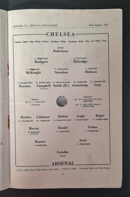 Chelsea Football Club Official Programme - 1951 Chelsea vs Arsenal 22 August - Football League Division 1