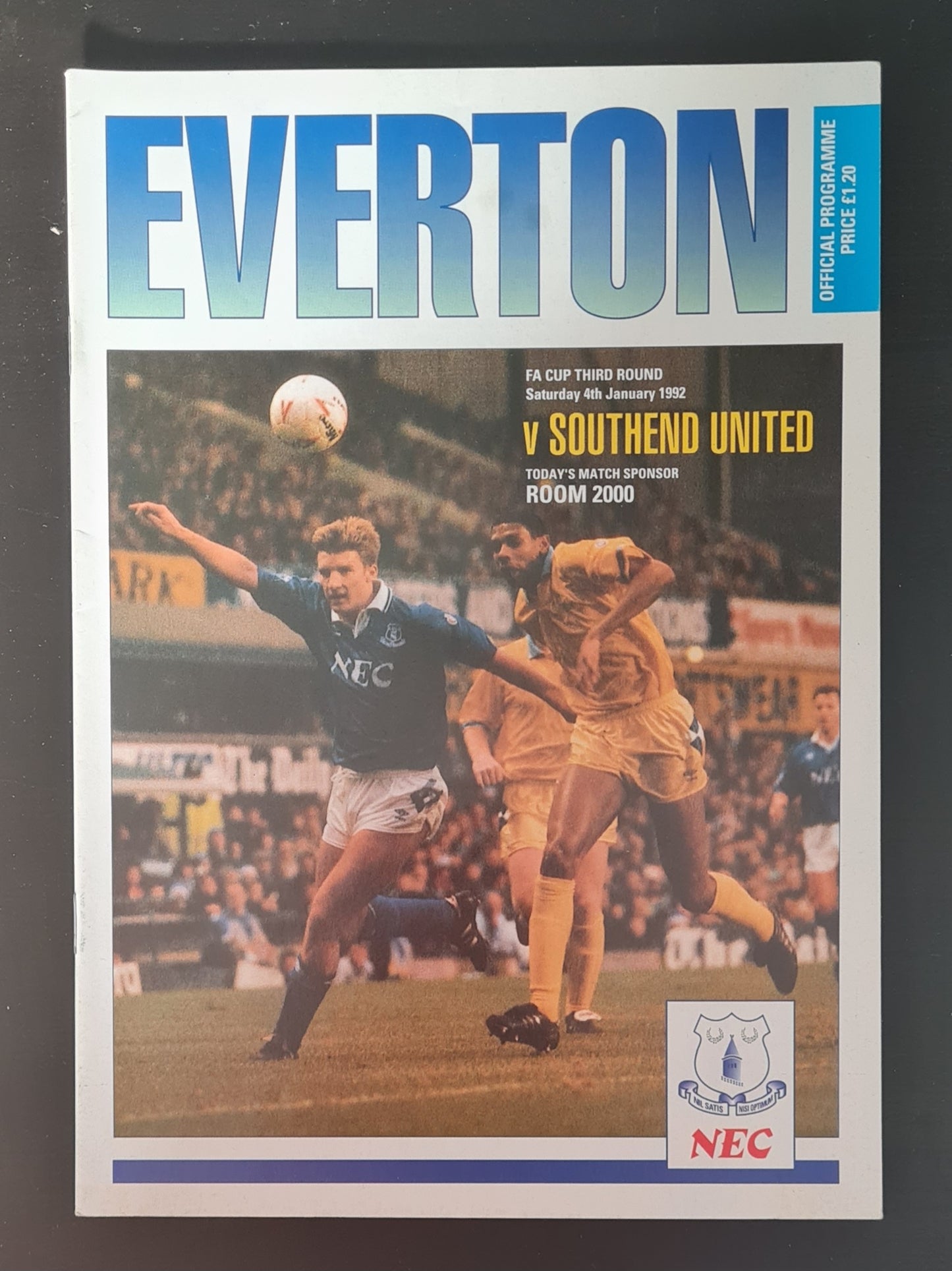 Soccer Everton Programme - 1992 Everton vs Southend United F.A. Cup Third Rounds 04 January