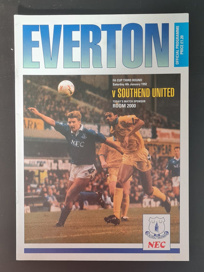 Soccer Everton Programme - 1992 Everton vs Southend United F.A. Cup Third Rounds 04 January