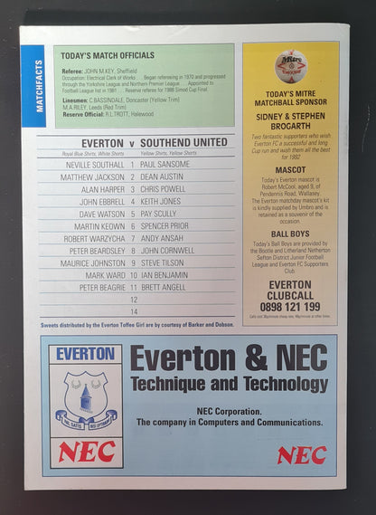 Soccer Everton Programme - 1992 Everton vs Southend United F.A. Cup Third Rounds 04 January