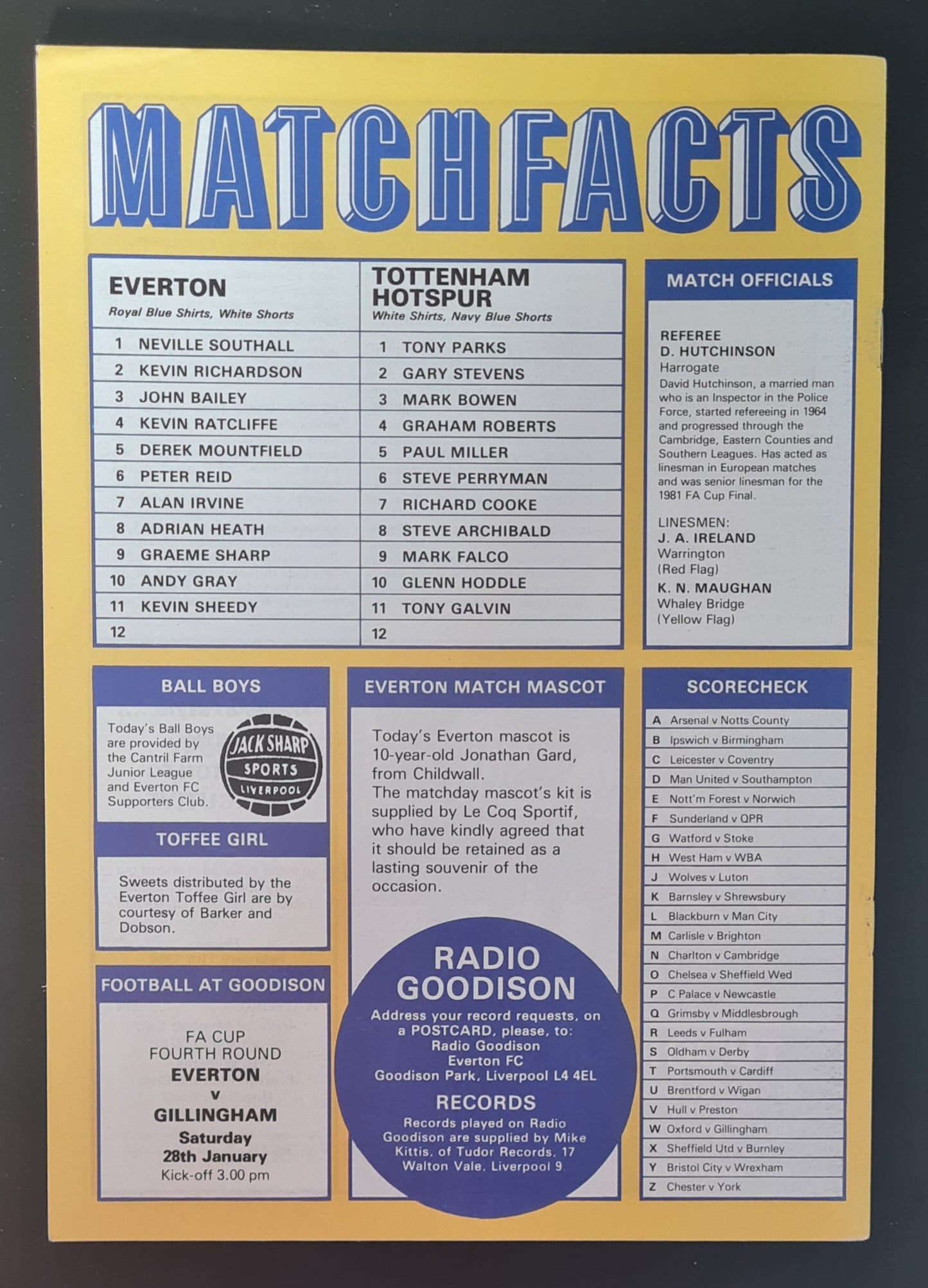 Soccer Everton Programme - 1984 Everton vs Tottenham Hotspur Canon League Division 1 - 21 January