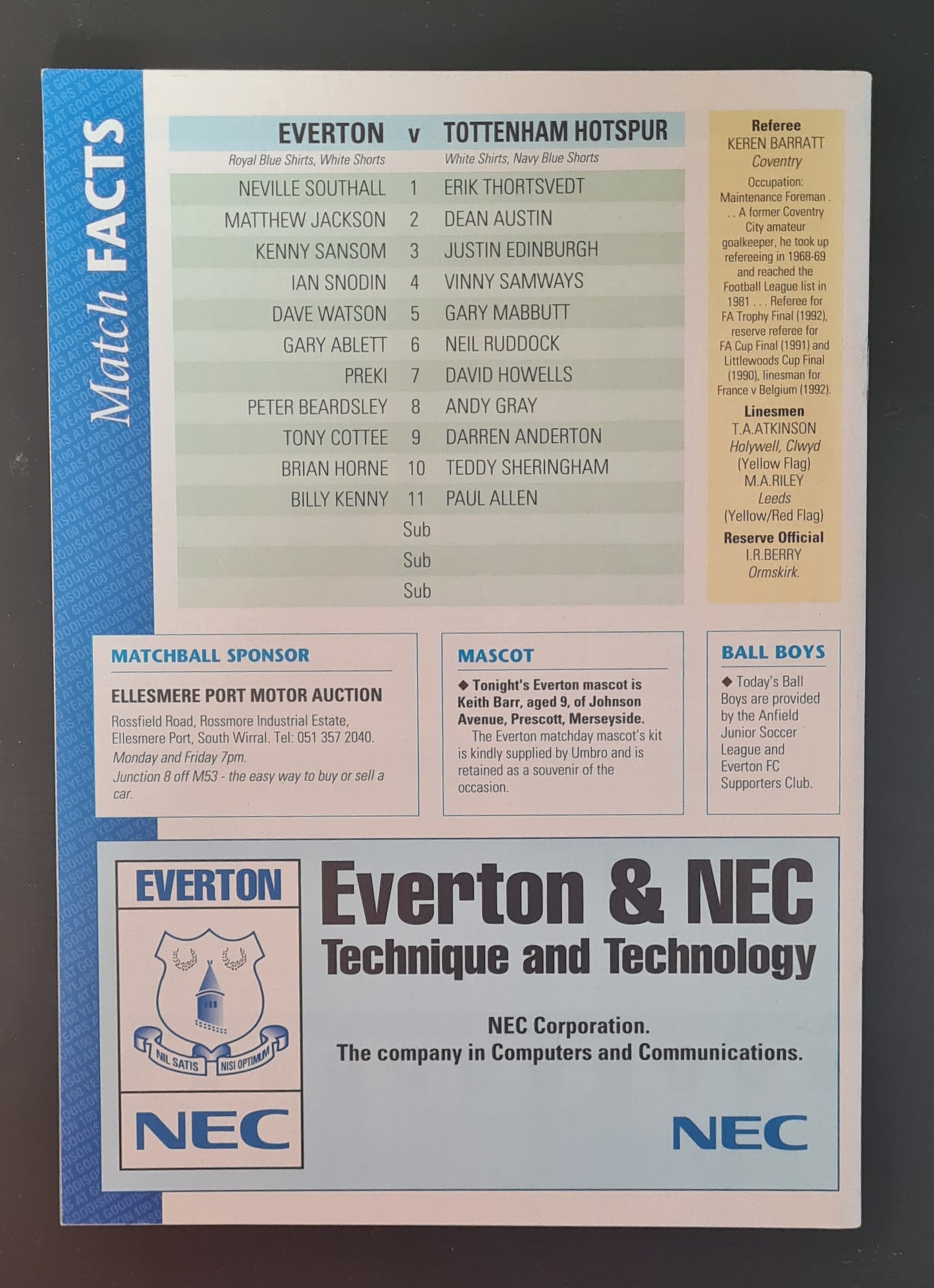 Everton Programme - 1993 February F.A. Premier League Everton vs Tottenham Hotspur