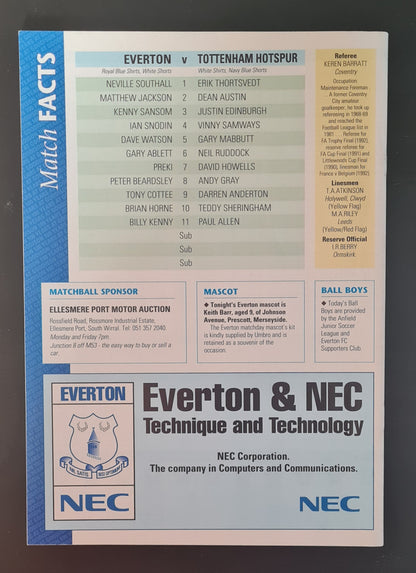 Everton Programme - 1993 February F.A. Premier League Everton vs Tottenham Hotspur