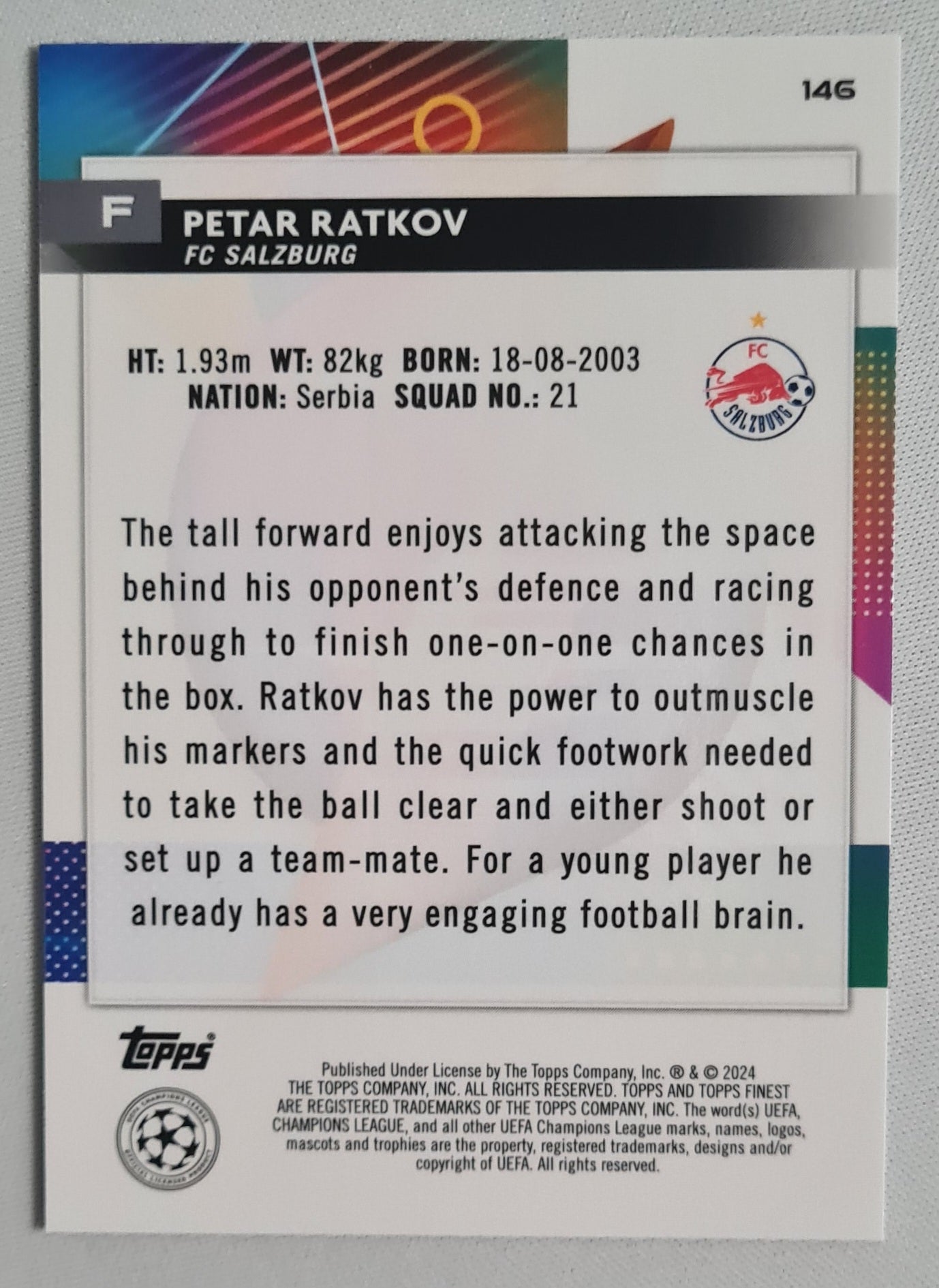 Petar Ratkov - 2024 Topps Finest (RC) FC Salzburg (CL) #146 Gold /50