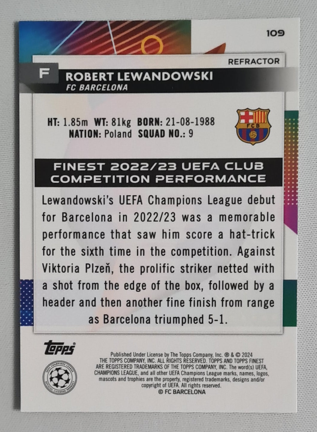 Robert Lewandowski - 2024 Topps Finest FC Barcelona (CL) #109 Refractor