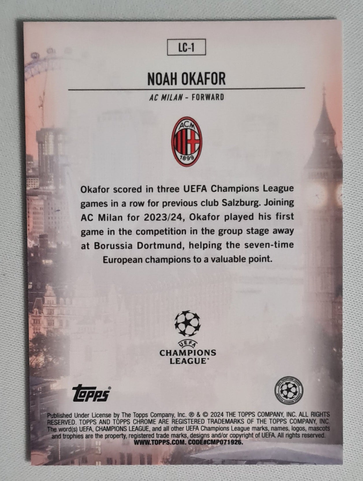 Noah Okafor - 2024 Topps Chrome London Call - AC Milan (CL) # LC-1