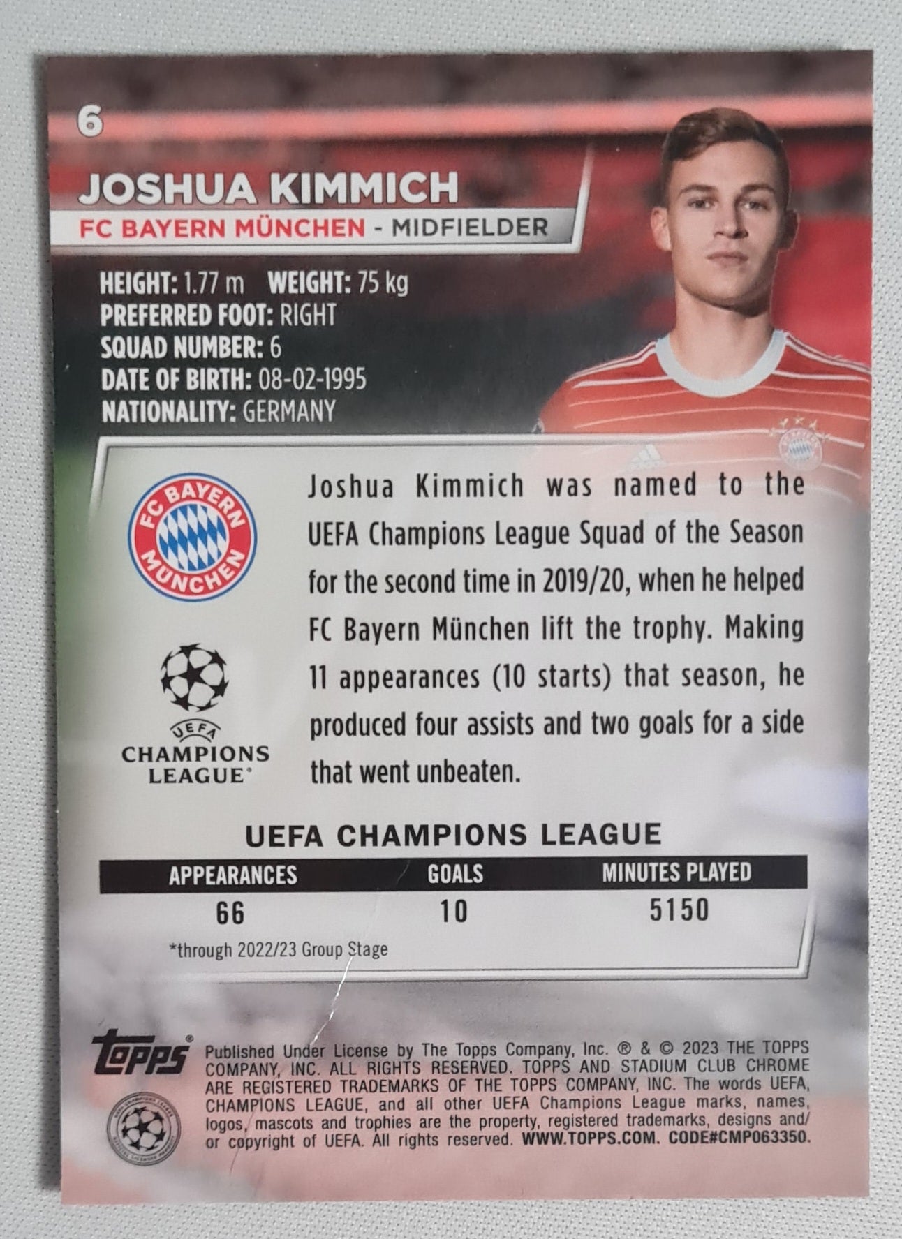 Joshua Kimmich - 2023 Topps Stadium Club Chrome FC Bayern Munchen (CL) #6