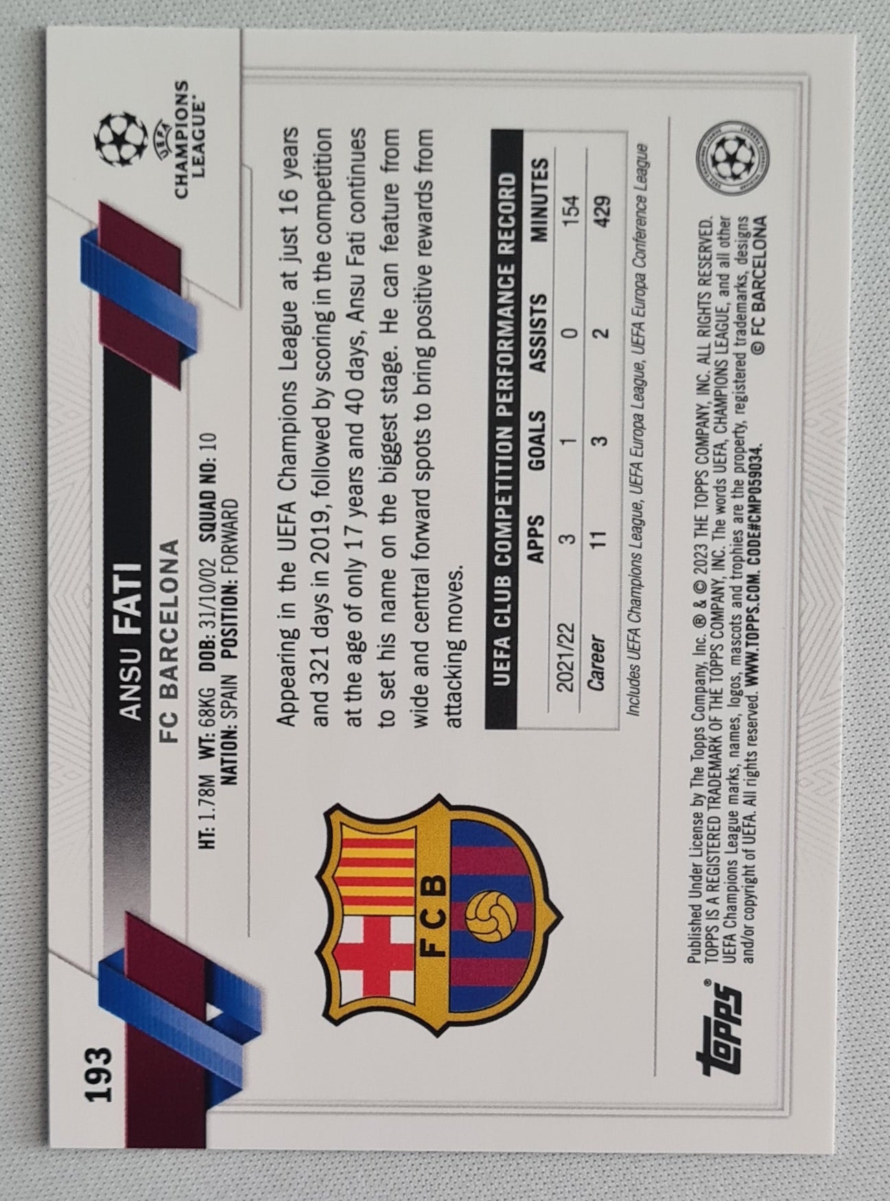 Ansu Fati - 2022/23 Topps UEFA Club Competitions Inferno #193 FC Barcelona
