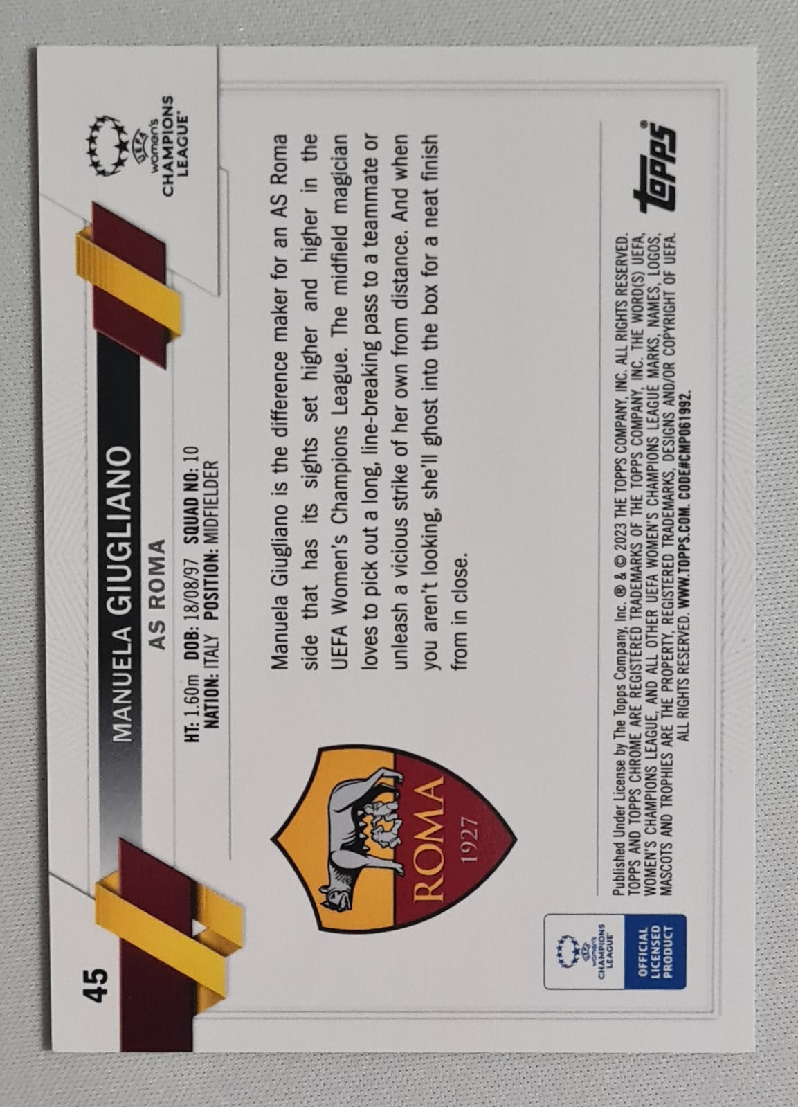 Manuela Giugliano - 2023 Topps Chrome Aqua AS Roma (CL) (RC) #45
