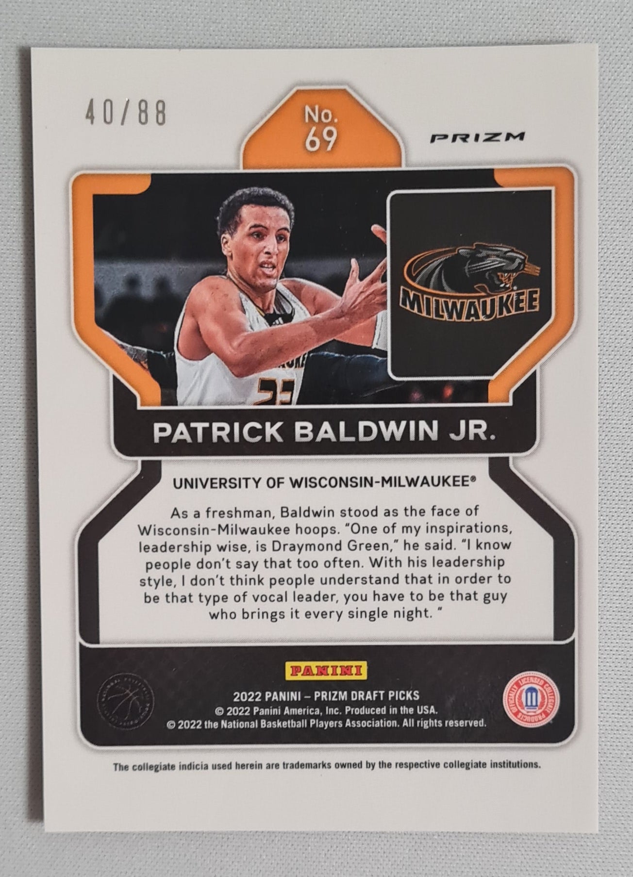 Patrick Baldwin Jr. - 2022 Panini Prizm Draft Picks #69  University of Wisconsin Milwaukee - Choice Red Prizm ( RC) /88