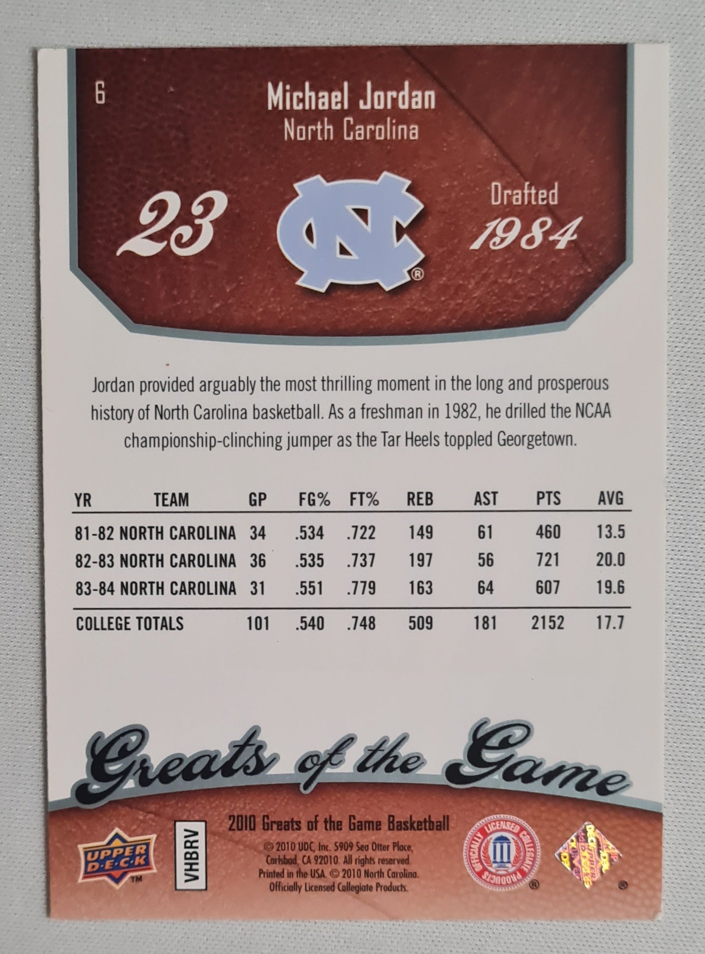 Michael Jordan - 2010 Upper Deck Greats of the Game - NC Basketball #6
