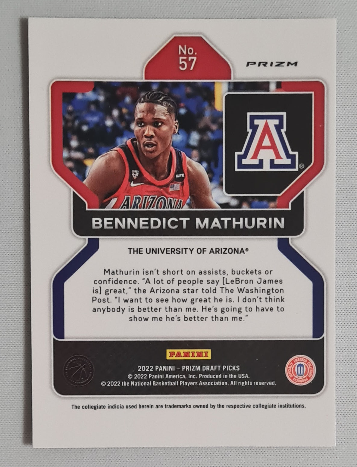 Bennedict Mathurin - 2022 Panini Prizm Draft Picks #57 The University of Arizona Red Circles Prizm (RC)