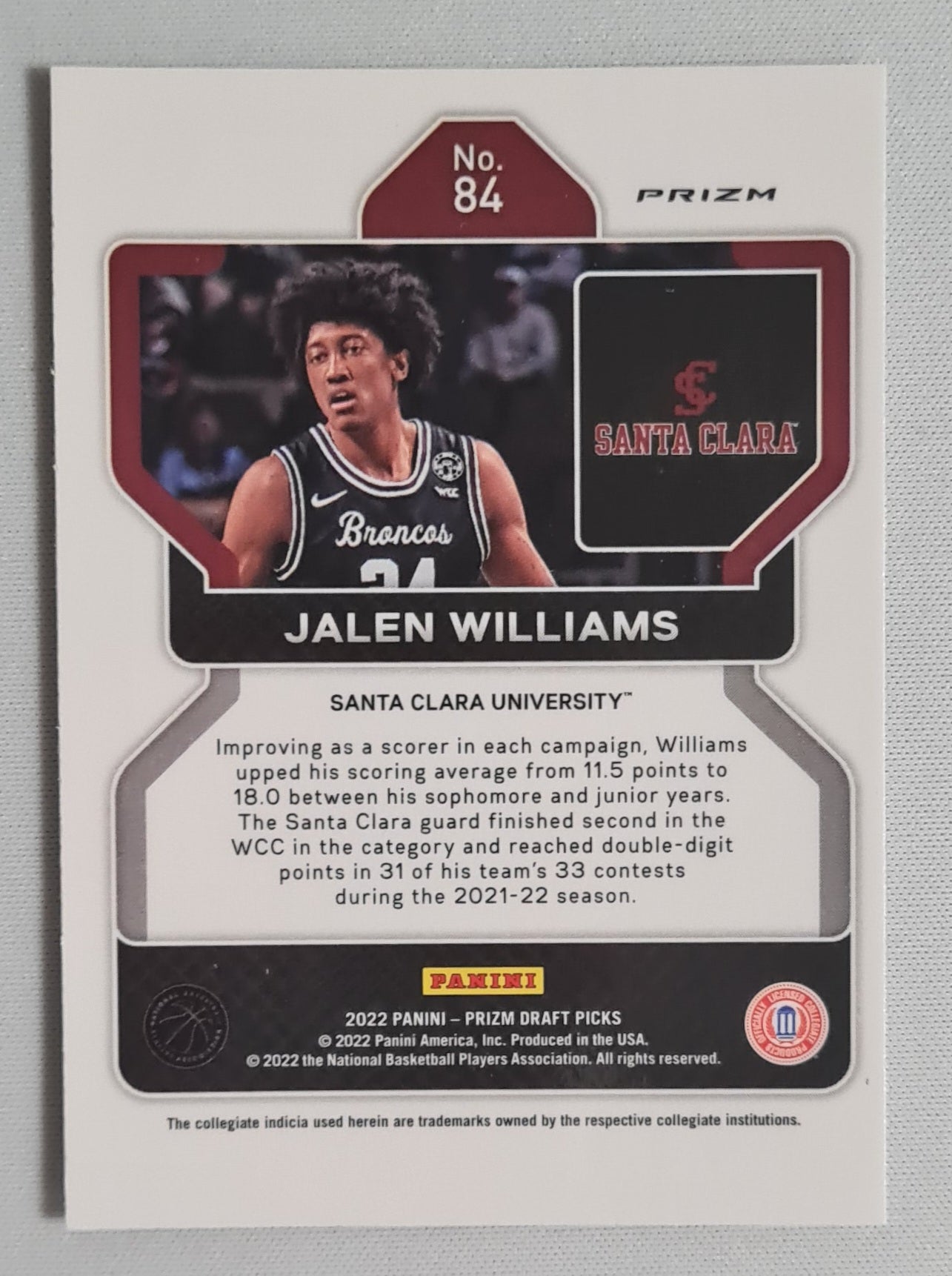 Jalen Williams - 2022 Panini Prizm Draft Picks #84  Santa Clara University Refractor Prizm (RC)