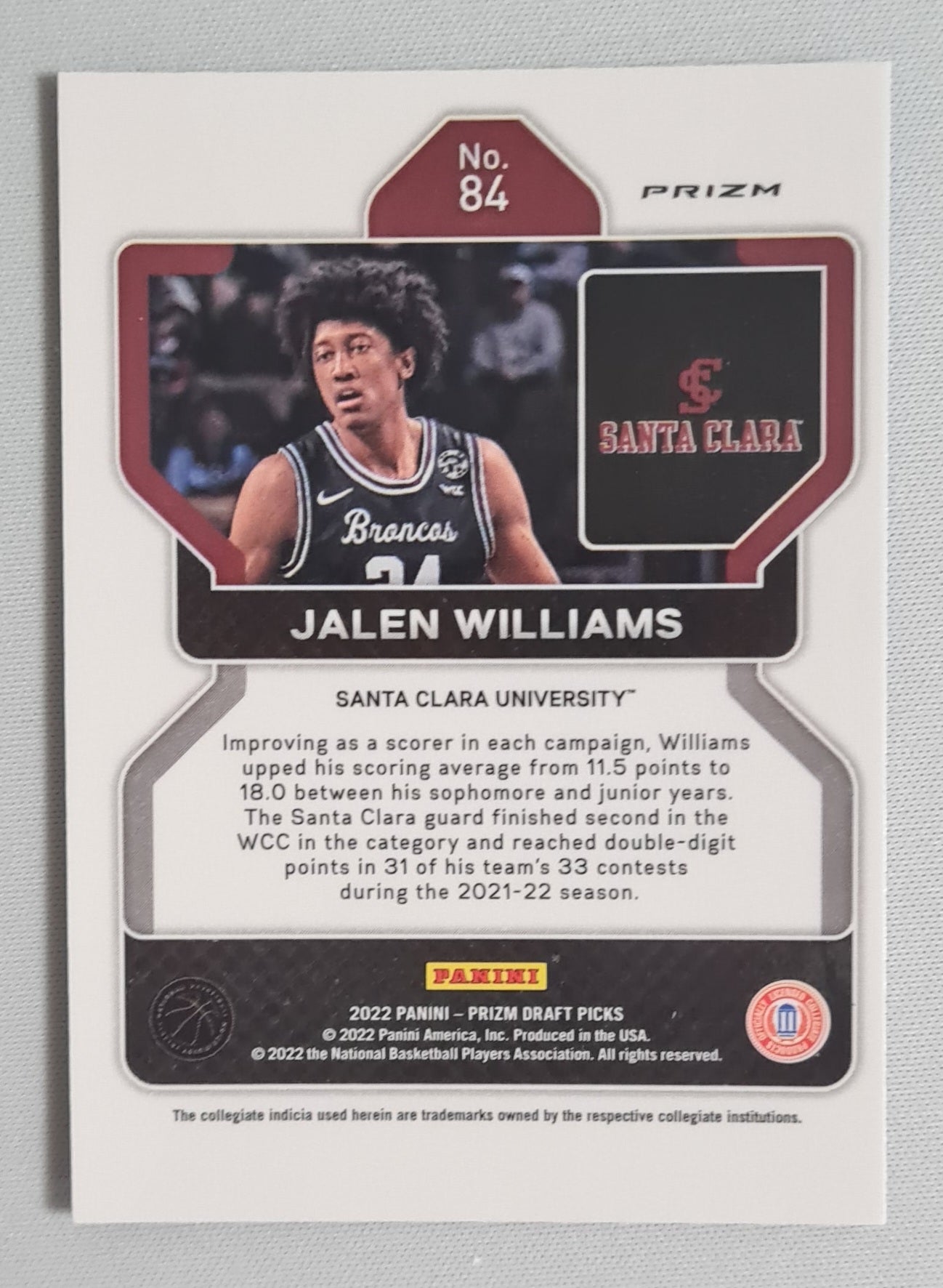 Jalen Williams - 2022 Panini Prizm Draft Picks #84 Santa Clara University Blue Circle Prizm (RC)
