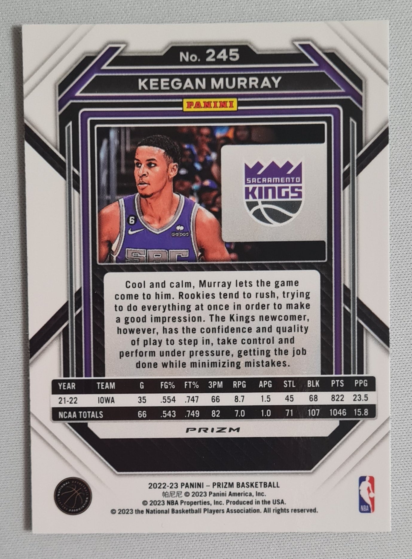 Keegan Murray - 2022 Panini Prizm Draft Picks #245 NBA Sacramento Kings Silver Cracked Ice Prizm (RC)