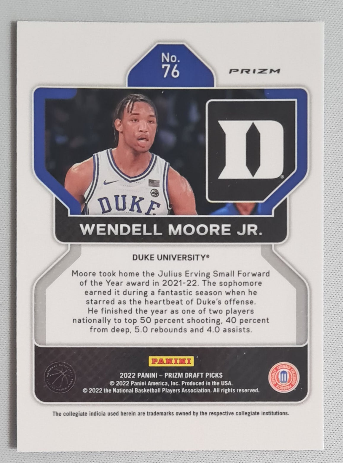 Wendell Moore Jr. - 2022 Panini Prizm Draft Picks #76 Duke University Blue Circle Prizm