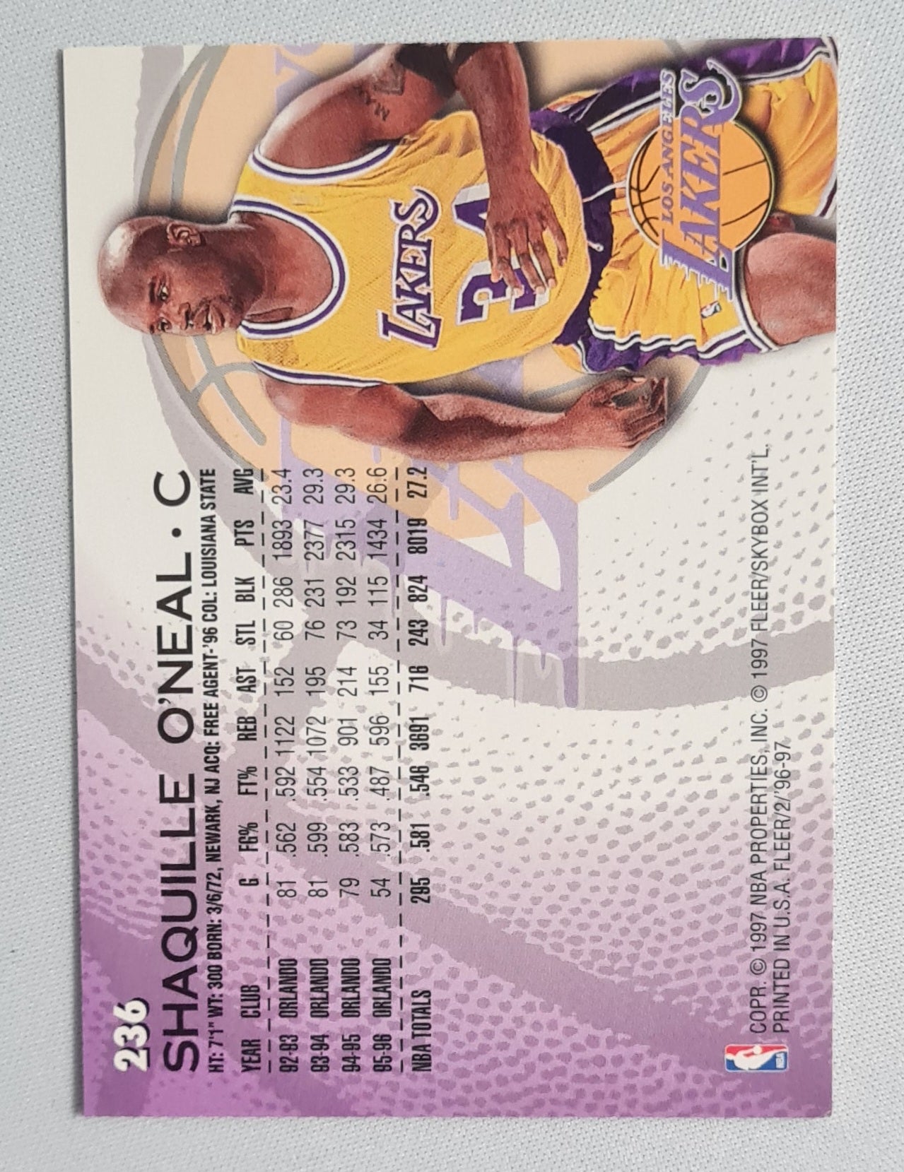 Shaquille O'Neal - 1996 Fleer/Skybox NBA Basketball L.A. Lakers #236