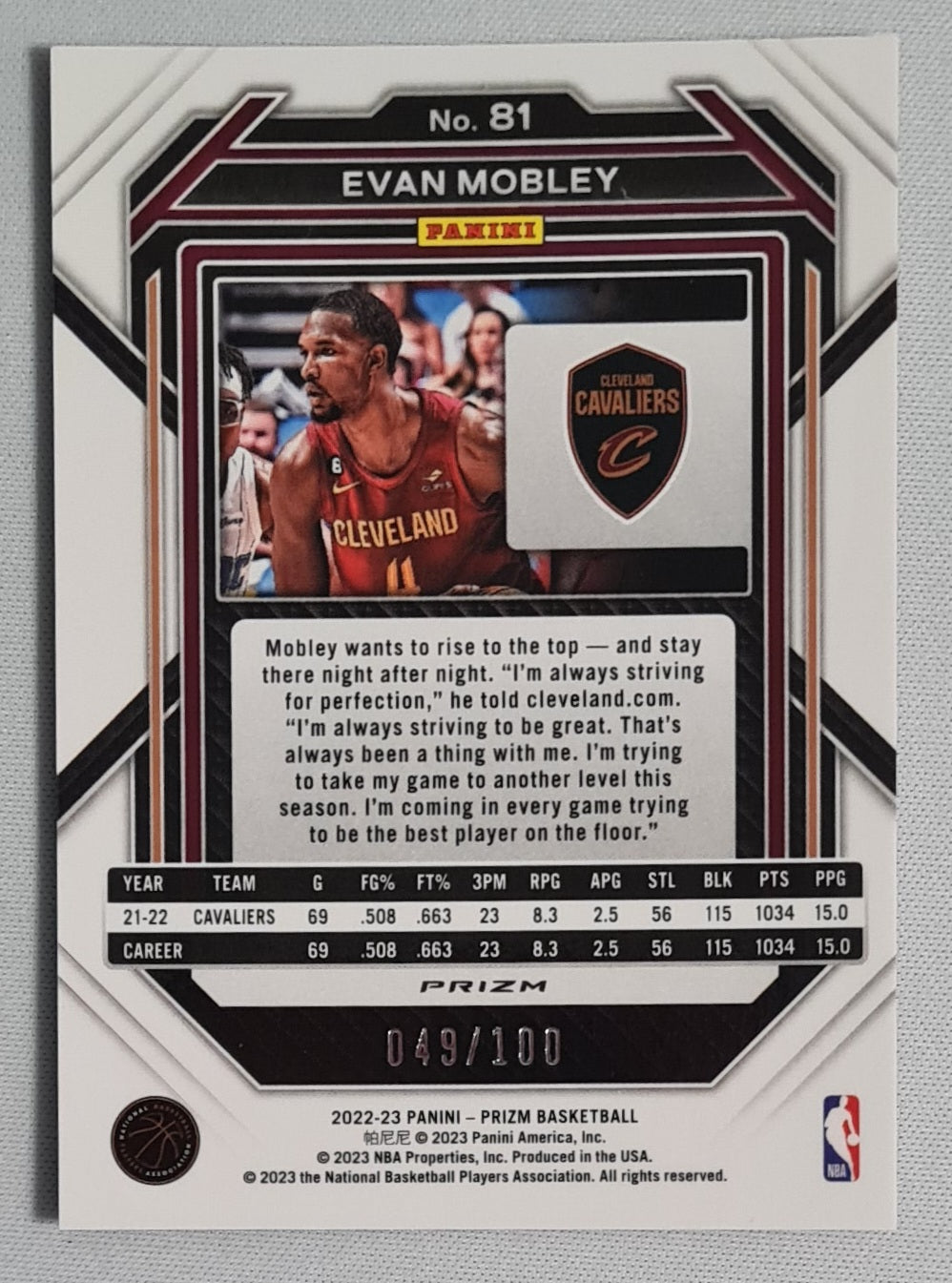 Evan Mobley - 2022/23 Panini Prizm Basketball NBA Cleveland Cavaliers #81 Red Circle Prizm/100