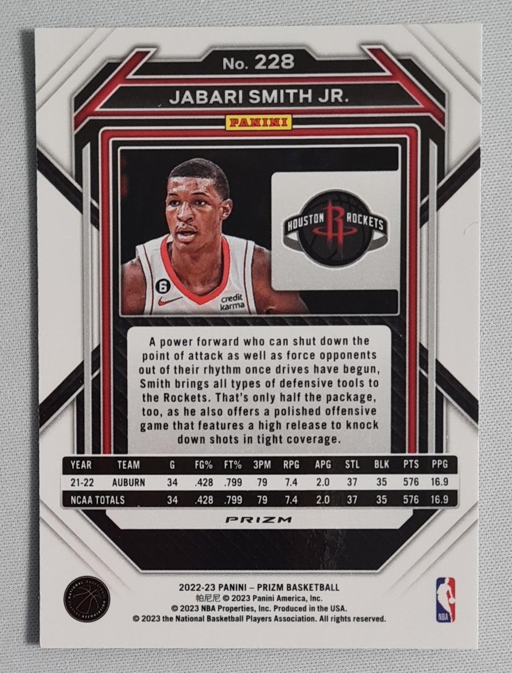 Jabari Smith Jr. - 2022/23 Panini Prizm Basketball NBA Houston Rockets #228 Holo