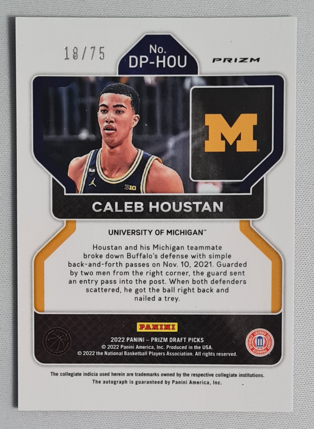 Caleb Houstan - 2022 Panini Prizm Draft Picks University of Michigan #DP-HOU Blue Cracked Ice /75 + Autograph