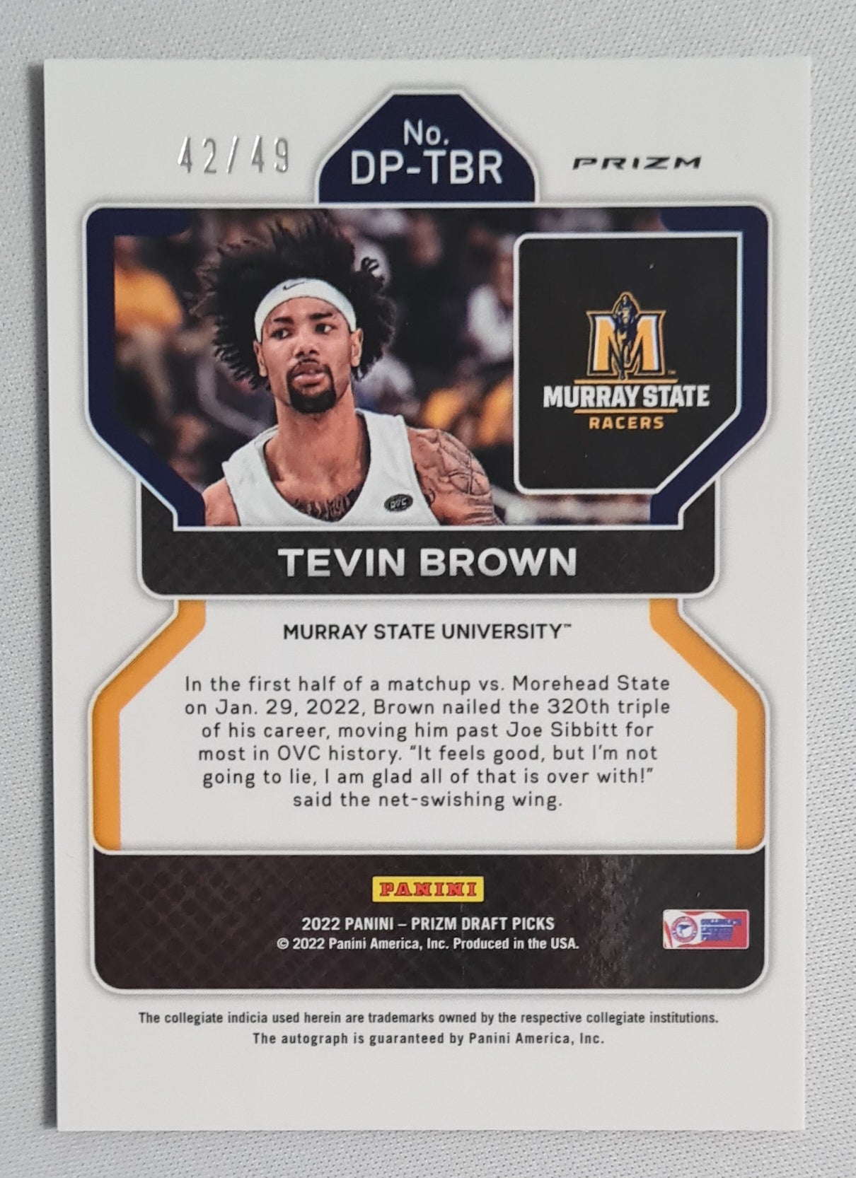 Tevin Brown - 2022 Panini Prizm Draft Picks Murray State University #DP-TBR Orange Prizm /49 + Autograph
