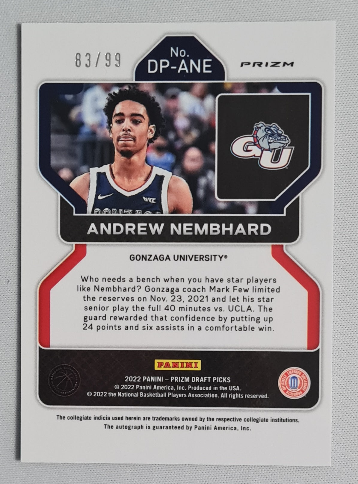 Andrew Nembhard - 2022 Panini Prizm Draft Picks Gonzaga University #DP-ANE Purple Cracked Ice Prizm /99 + Autograph