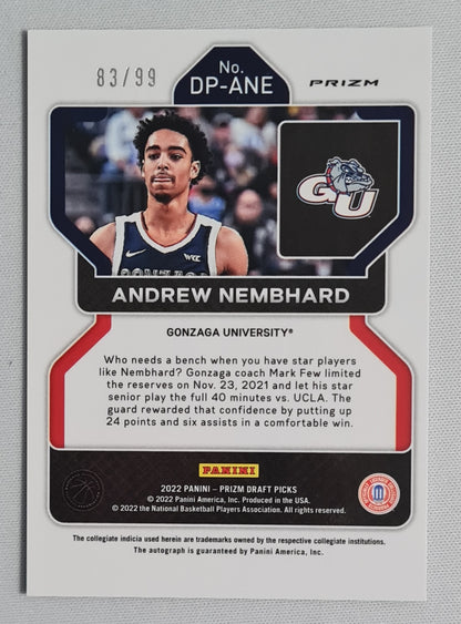 Andrew Nembhard - 2022 Panini Prizm Draft Picks Gonzaga University #DP-ANE Purple Cracked Ice Prizm /99 + Autograph