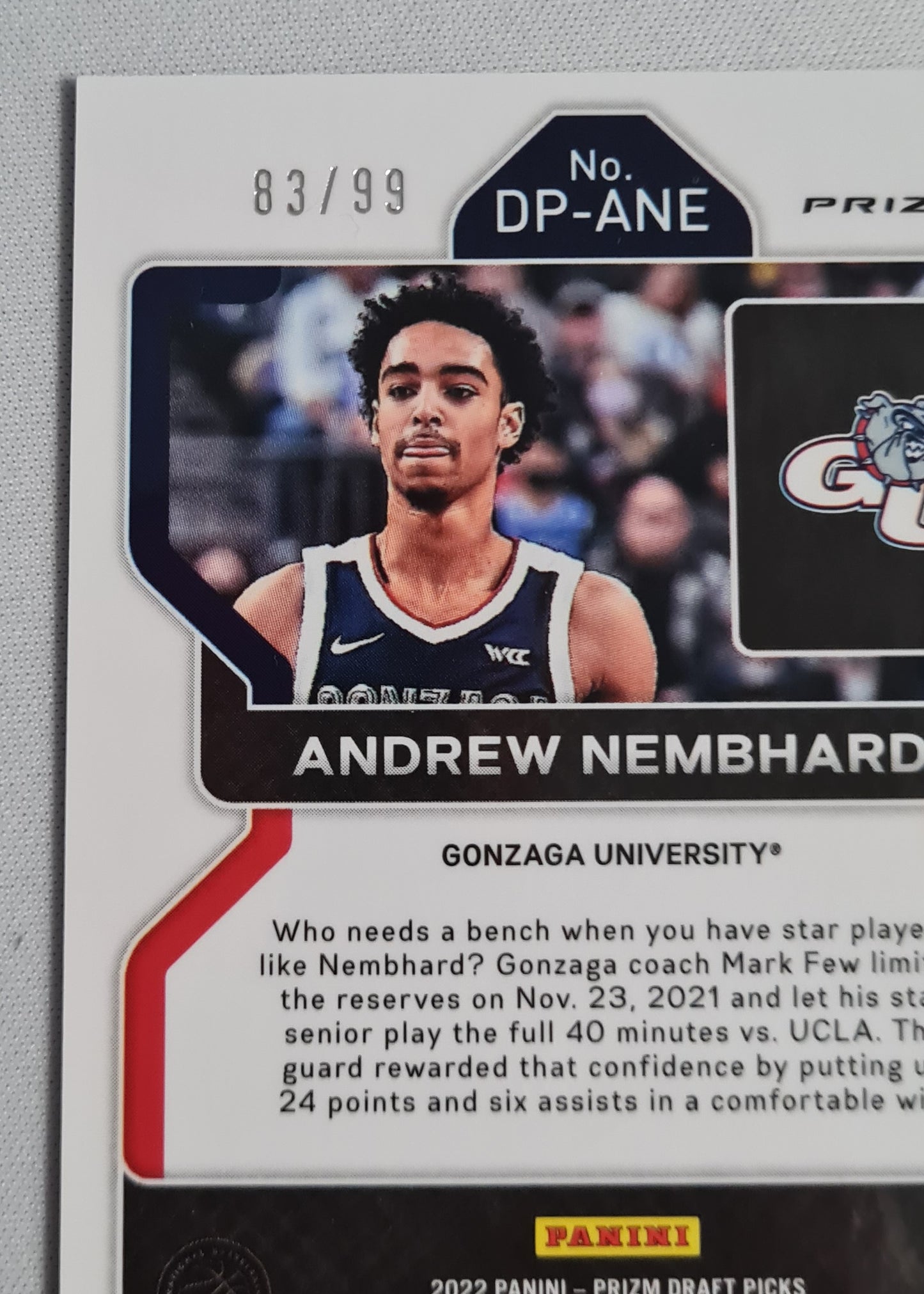 Andrew Nembhard - 2022 Panini Prizm Draft Picks Gonzaga University #DP-ANE Purple Cracked Ice Prizm /99 + Autograph