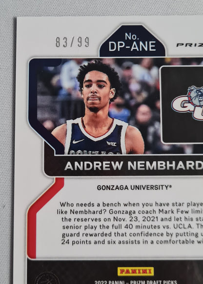 Andrew Nembhard - 2022 Panini Prizm Draft Picks Gonzaga University #DP-ANE Purple Cracked Ice Prizm /99 + Autograph